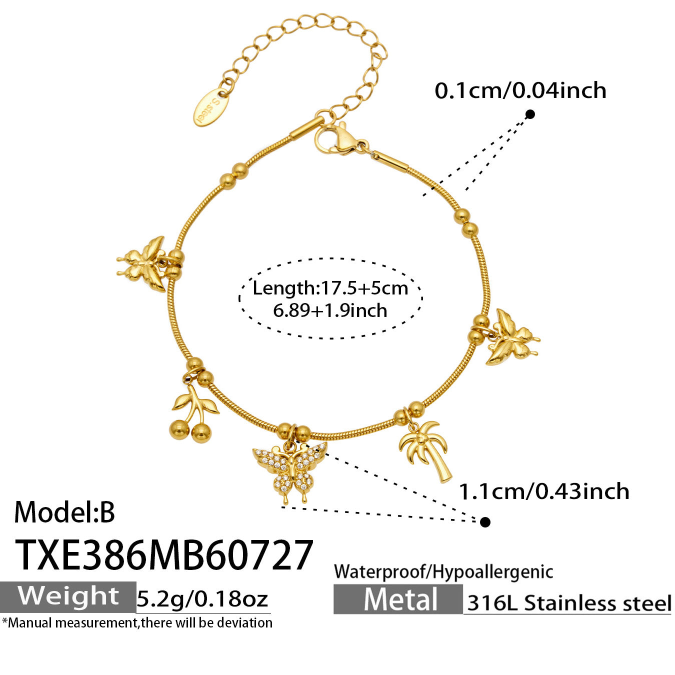 Gold multi-charm butterfly bracelet dimensions and adjustable length guide