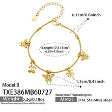 Gold multi-charm butterfly bracelet dimensions and adjustable length guide