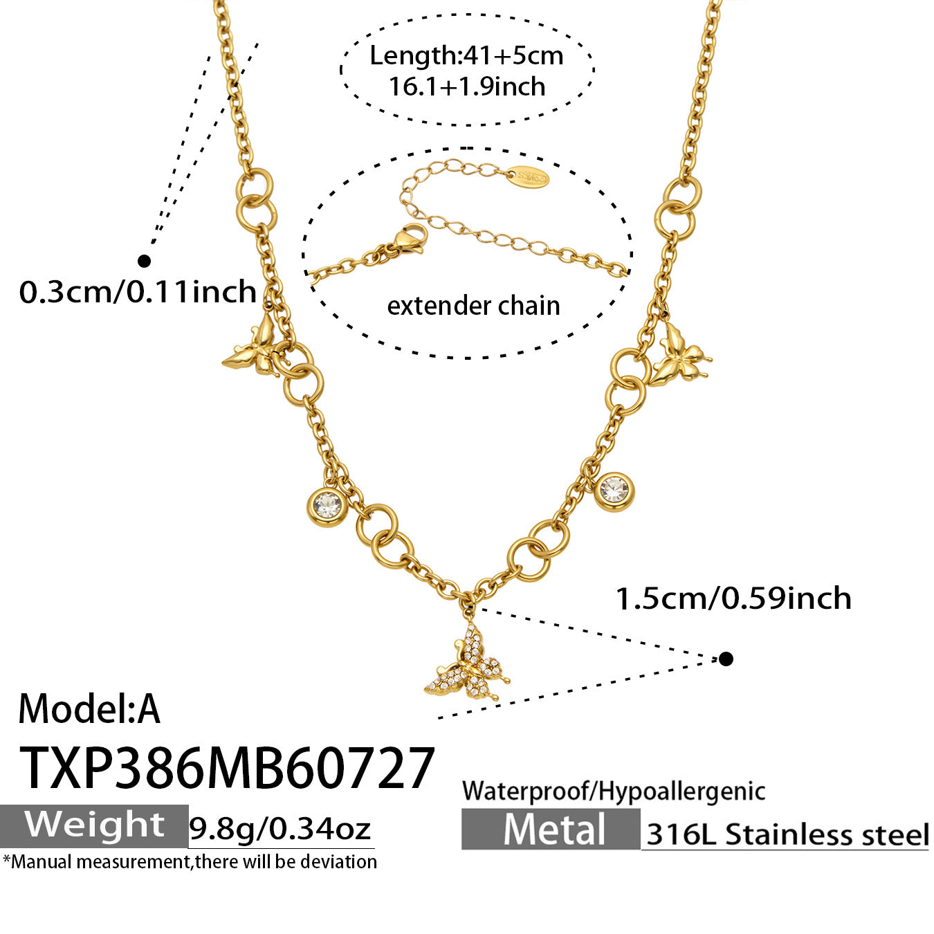 Gold multi-charm butterfly necklace chain length and charm specification guide