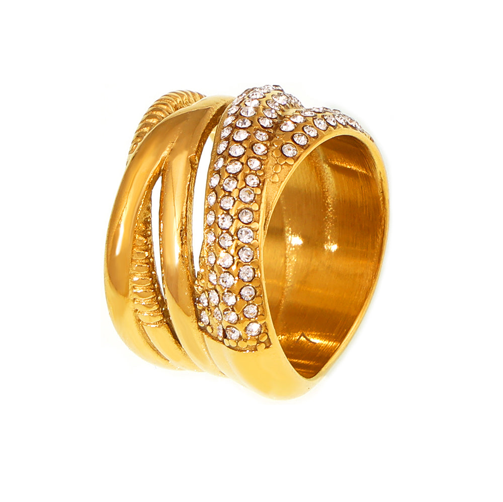 Gold multi-row cubic zirconia statement ring made from 316L stainless steel