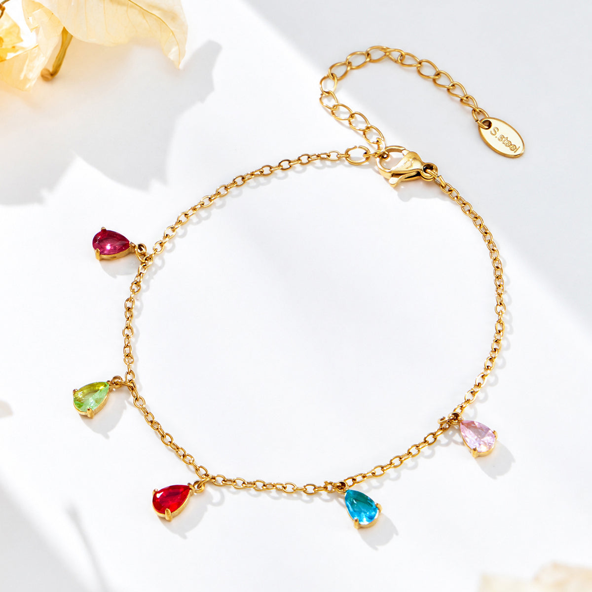 Gold-tone chain jewelry with multicolor teardrop zircon charms and an extension chain