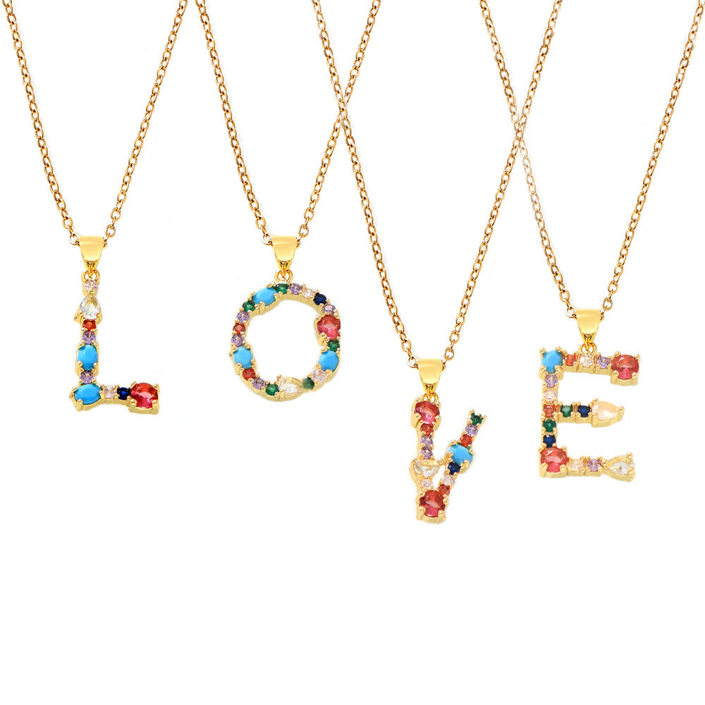 Gold plated multicolor zircon initial letter necklace collection featuring LOVE alphabet pendants on gold chains