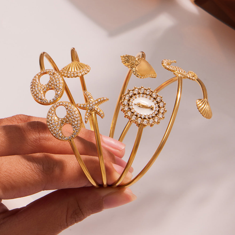 Handheld gold 5A zircon ocean bangle set, paved diamond geometric design jewelry