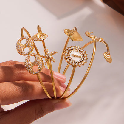 Handheld gold 5A zircon ocean bangle set, paved diamond geometric design jewelry