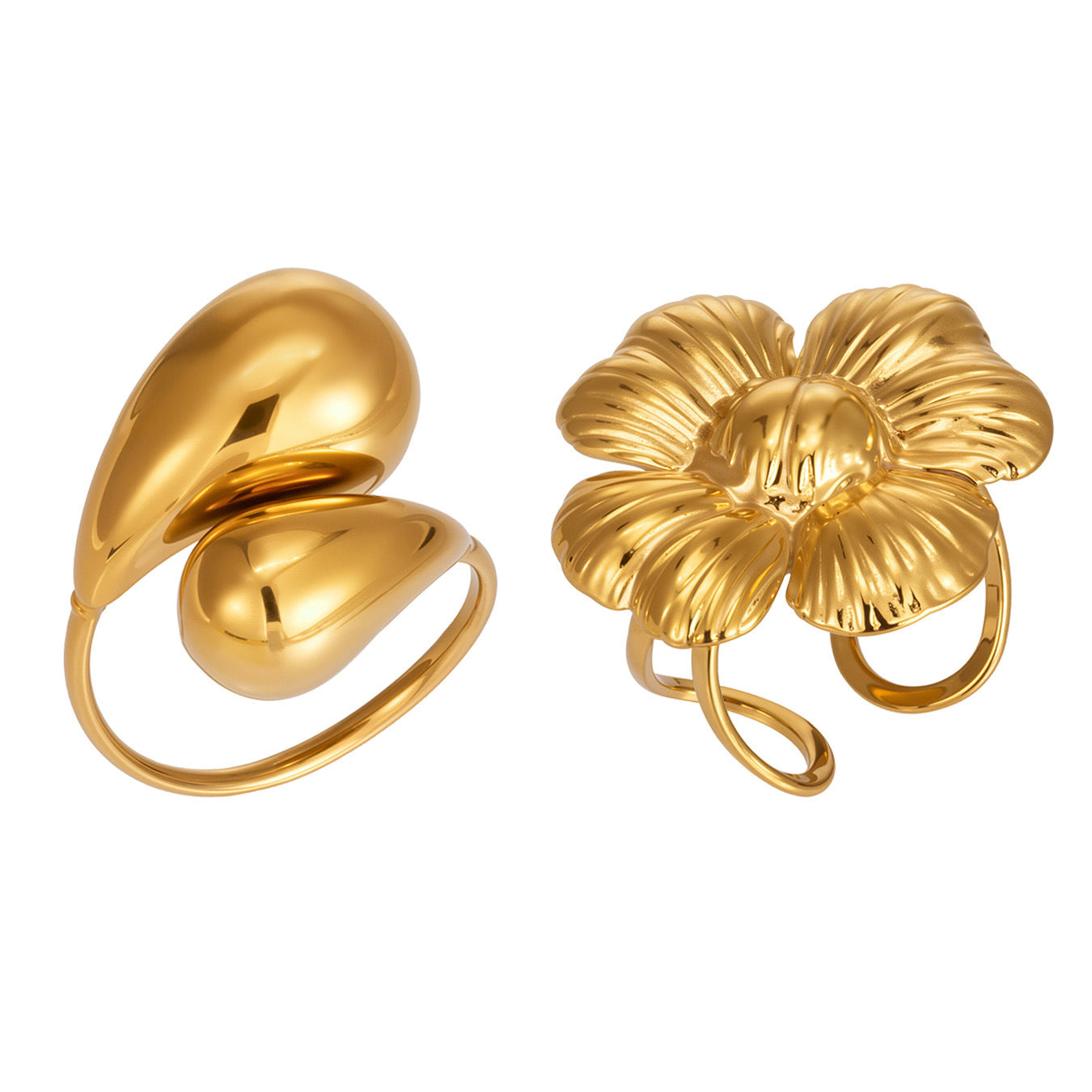 Gold open statement rings in 316L stainless steel featuring flower and teardrop designs for wholesale boutique jewelry