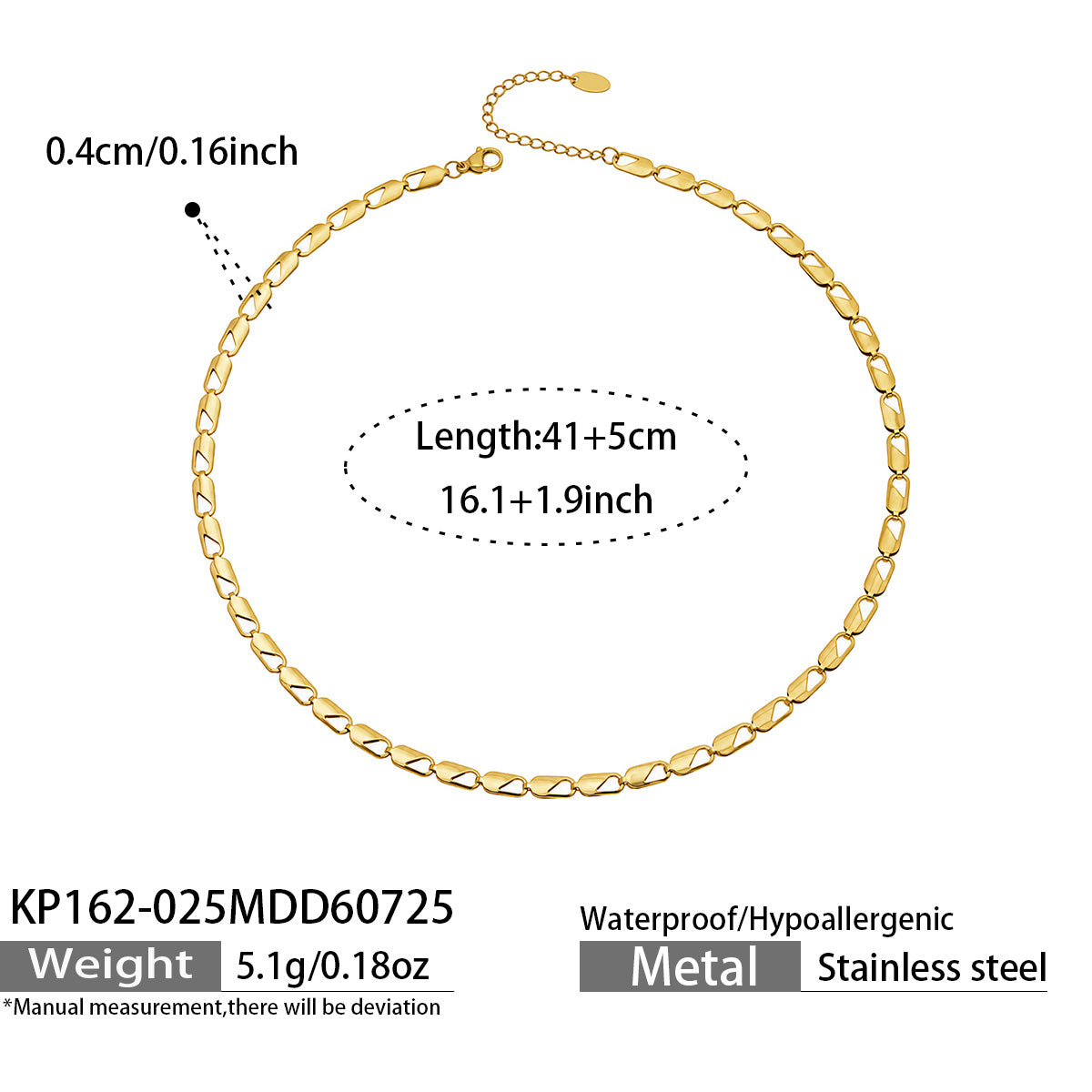 Gold oval link chain necklace length, link width and product specification guide
