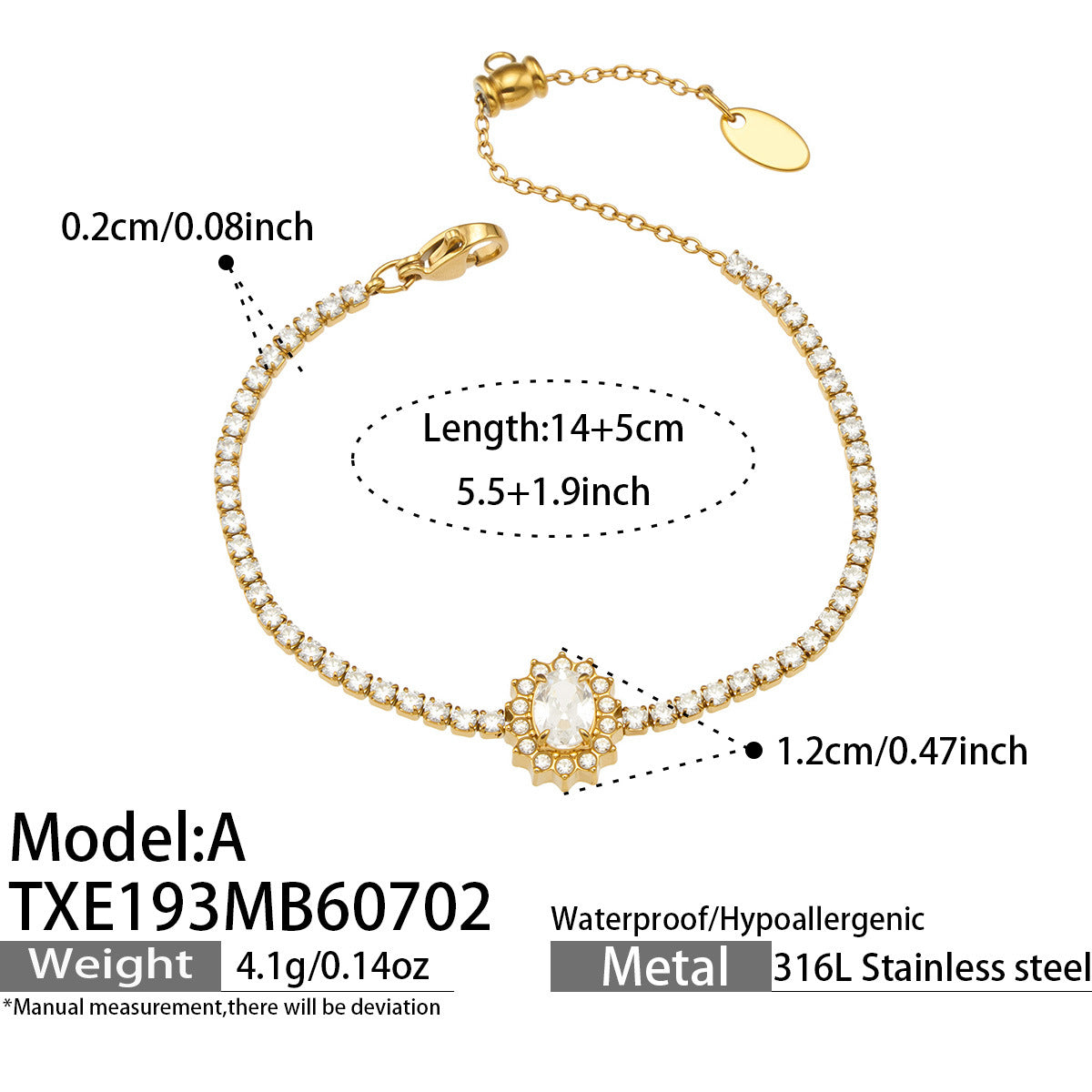 Gold oval zircon tennis necklace with sparkling zircon chain and adjustable 31+10cm length