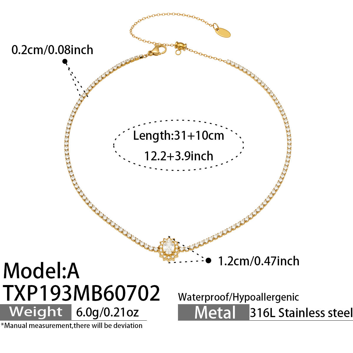 Gold waterdrop zircon tennis necklace with clear zircon tennis chain and 31+10cm adjustable length