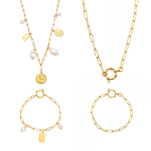 Gold paperclip charm necklace and bracelet variants with coin, checkerboard and pearl-look charms