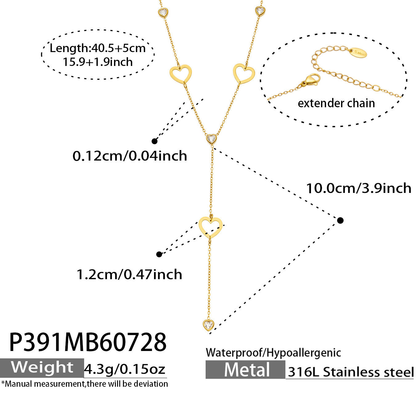 MiduoduoJewelry gold pavé heart lariat necklace length, heart dimensions, extender chain and product specifications