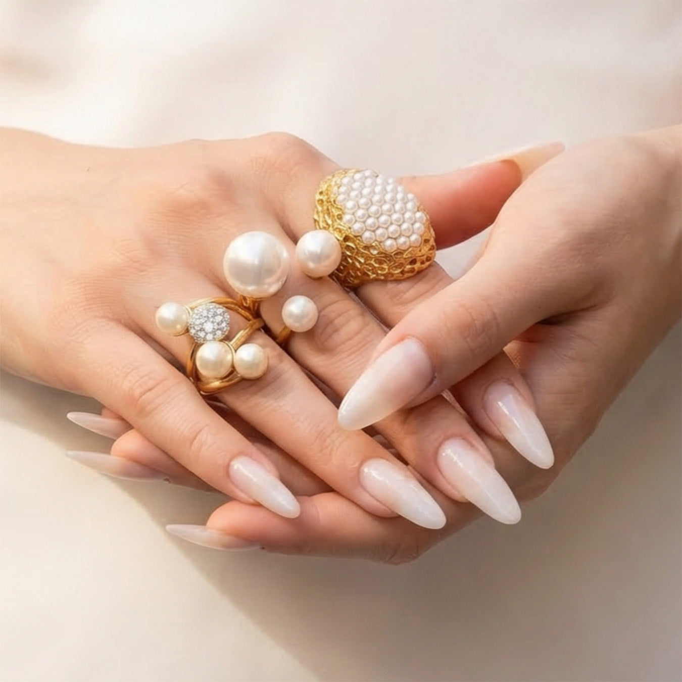 Gold faux pearl statement rings styled across both hands on a light background