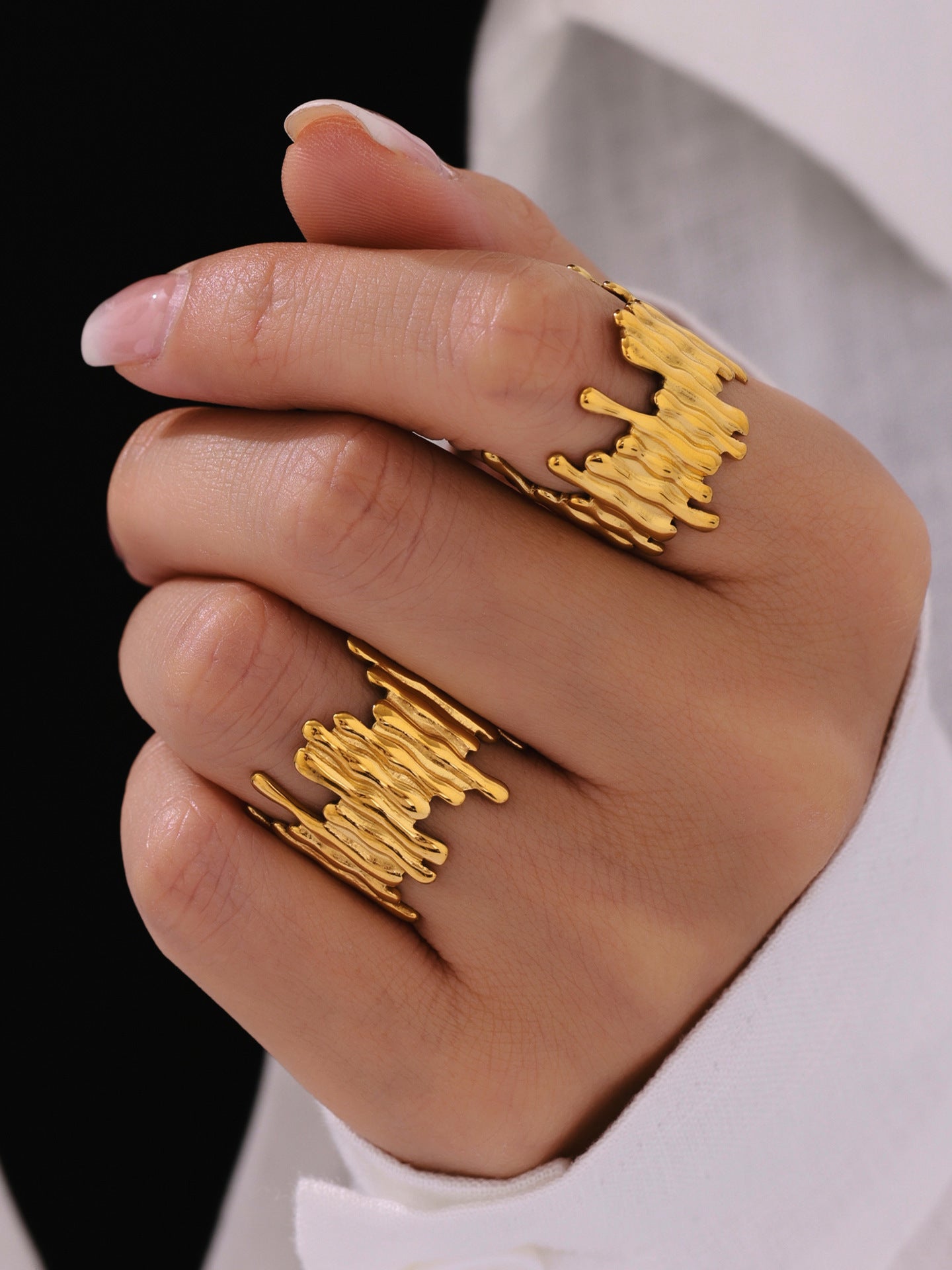 316L Stainless Steel Mixed Metal Irregular Geometric Open Ring | Melted Lava Statement Jewelry