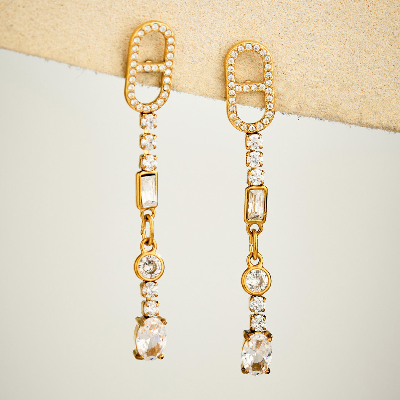 Gold rectangular-link cubic zirconia long drop earrings with geometric details
