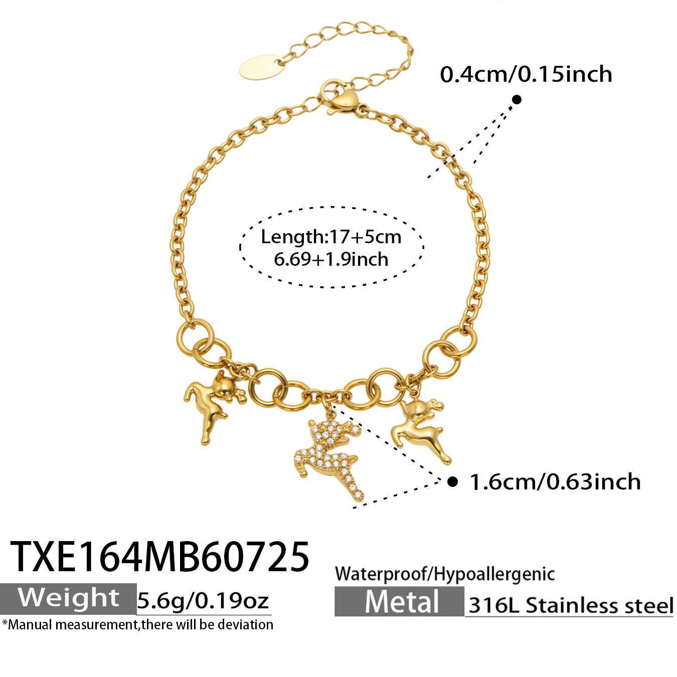 Gold reindeer charm bracelet dimensions, adjustable length and product specification guide