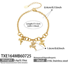 Gold reindeer charm bracelet dimensions, adjustable length and product specification guide