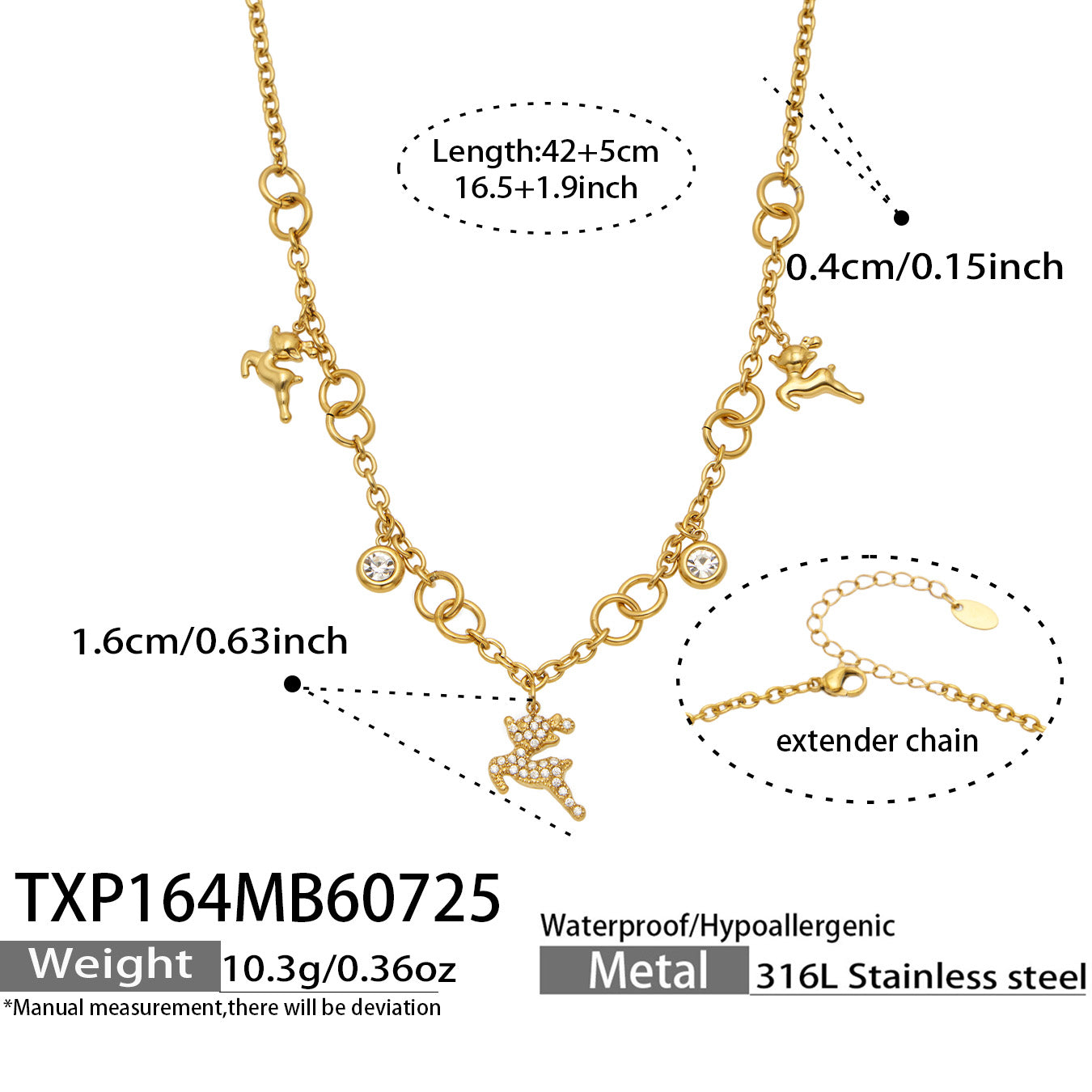 Gold reindeer zircon necklace chain length, pendant dimensions and specification guide