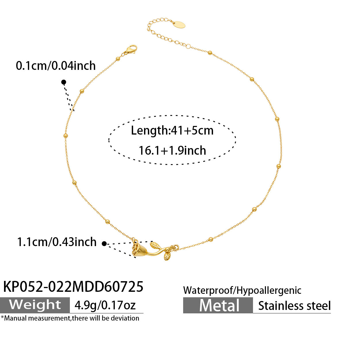 Gold rose flower pendant necklace chain length and pendant specification guide
