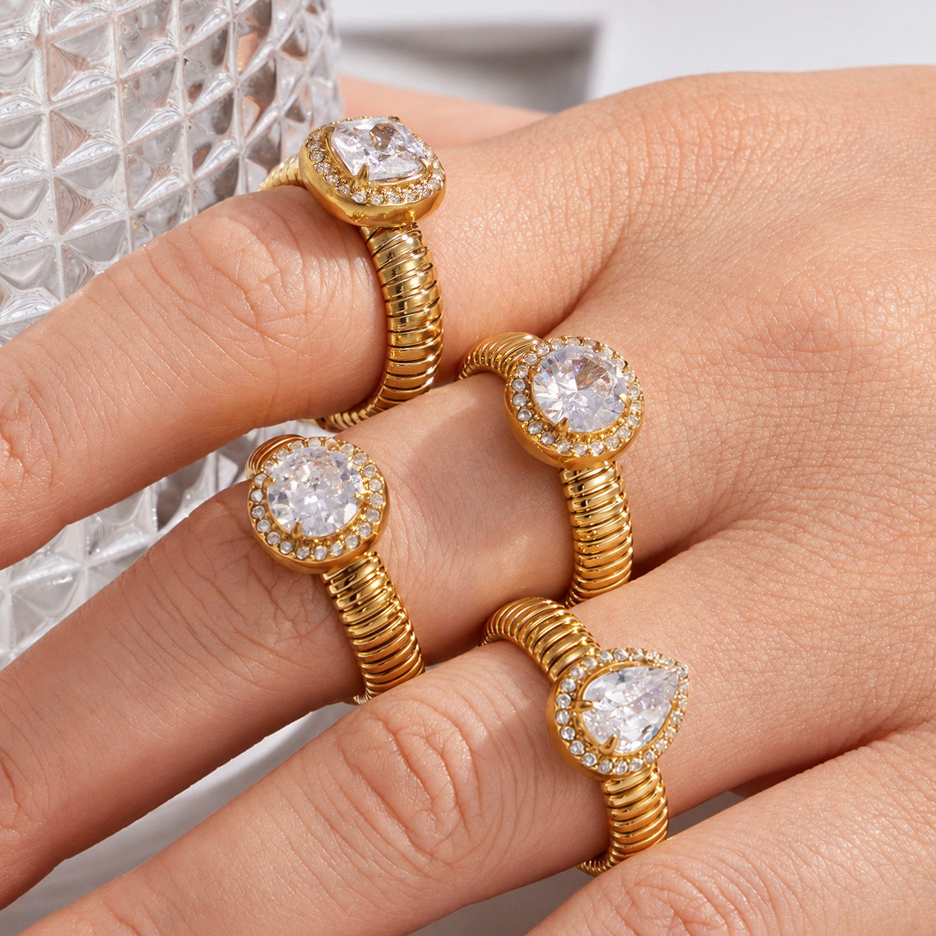 Gold 5A zircon open rings worn in daily lifestyle setting with waterdrop, round and square statement designs