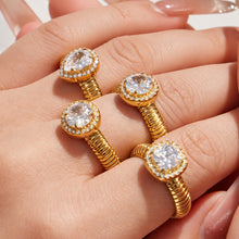 Model wearing gold geometric zircon open rings with waterdrop, round and square 5A zircon designs
