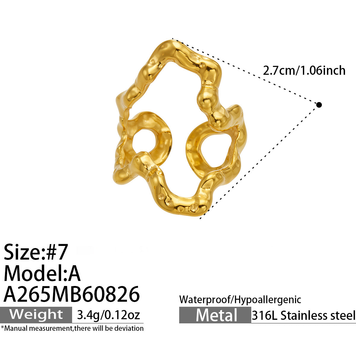 Gold 316L stainless steel sculptural open ring shown in a minimalist lifestyle product display