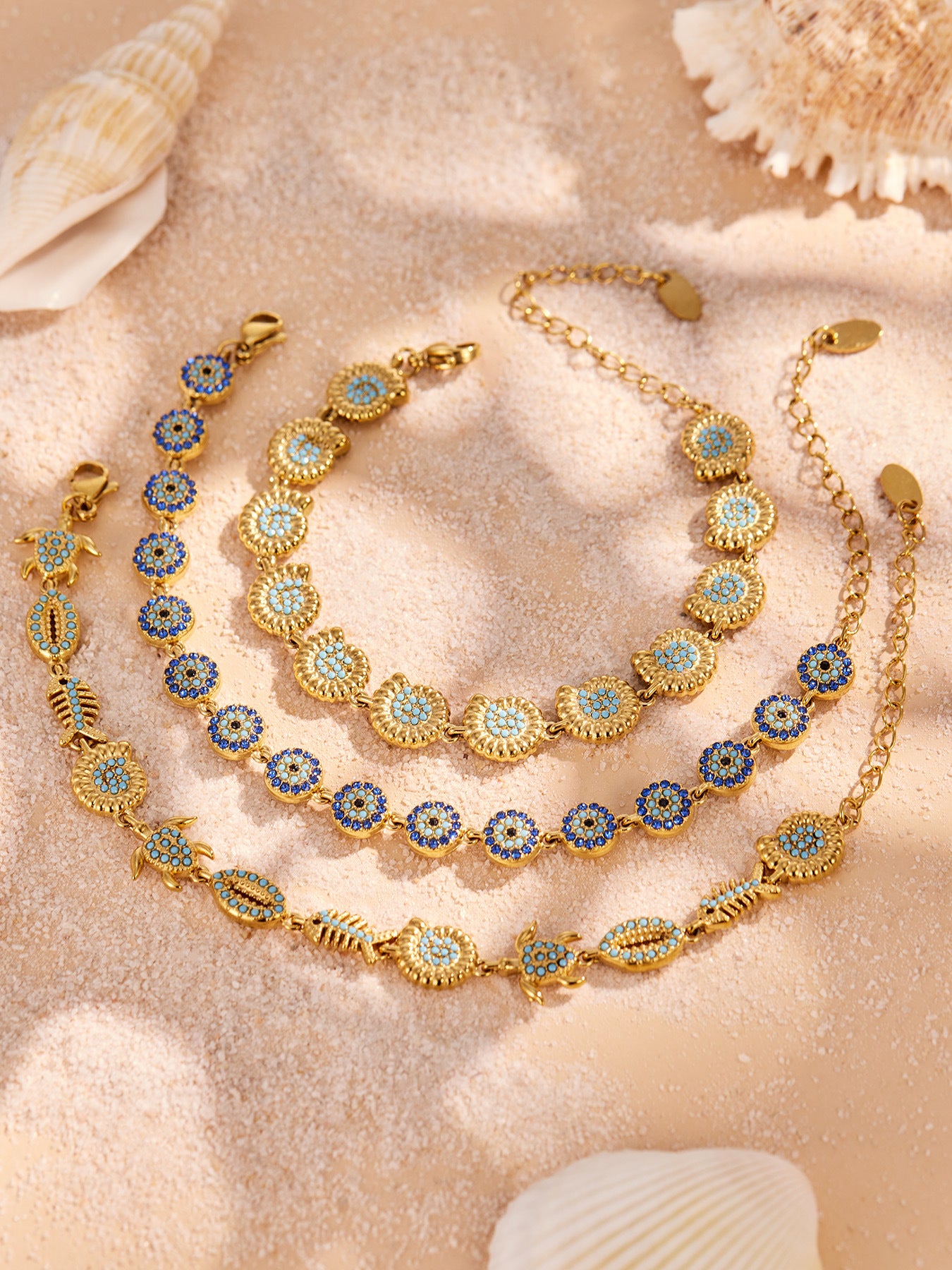 E063 E069 E074 ocean bracelet size card showing shell, turtle and evil eye bracelet styles