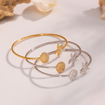 Gold & silver 5A zircon ocean bangle stack, beach style thin cuff jewelry