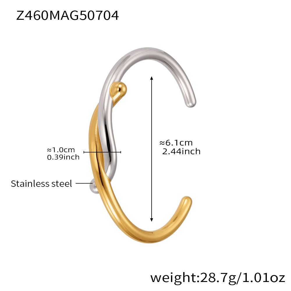 Gold-silver stainless steel braided bangle spec view, inner diameter 6.1cm, weight 28.7g