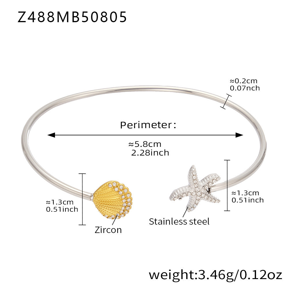 Mixed gold-silver stainless steel starfish-shell bangle spec view (5A zircon), perimeter 5.8cm, weight 3.46g