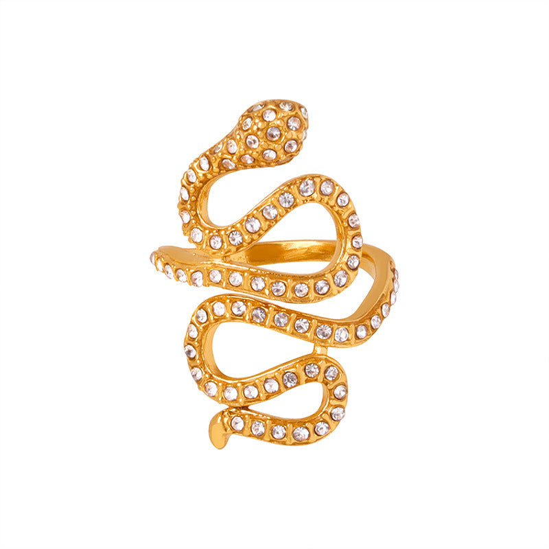 Gold snake cubic zirconia open ring made from 316L stainless steel