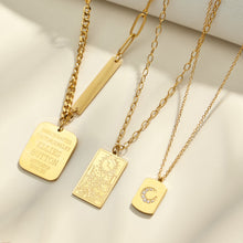 Gold square, rectangular tag and crescent moon pendant necklaces displayed together