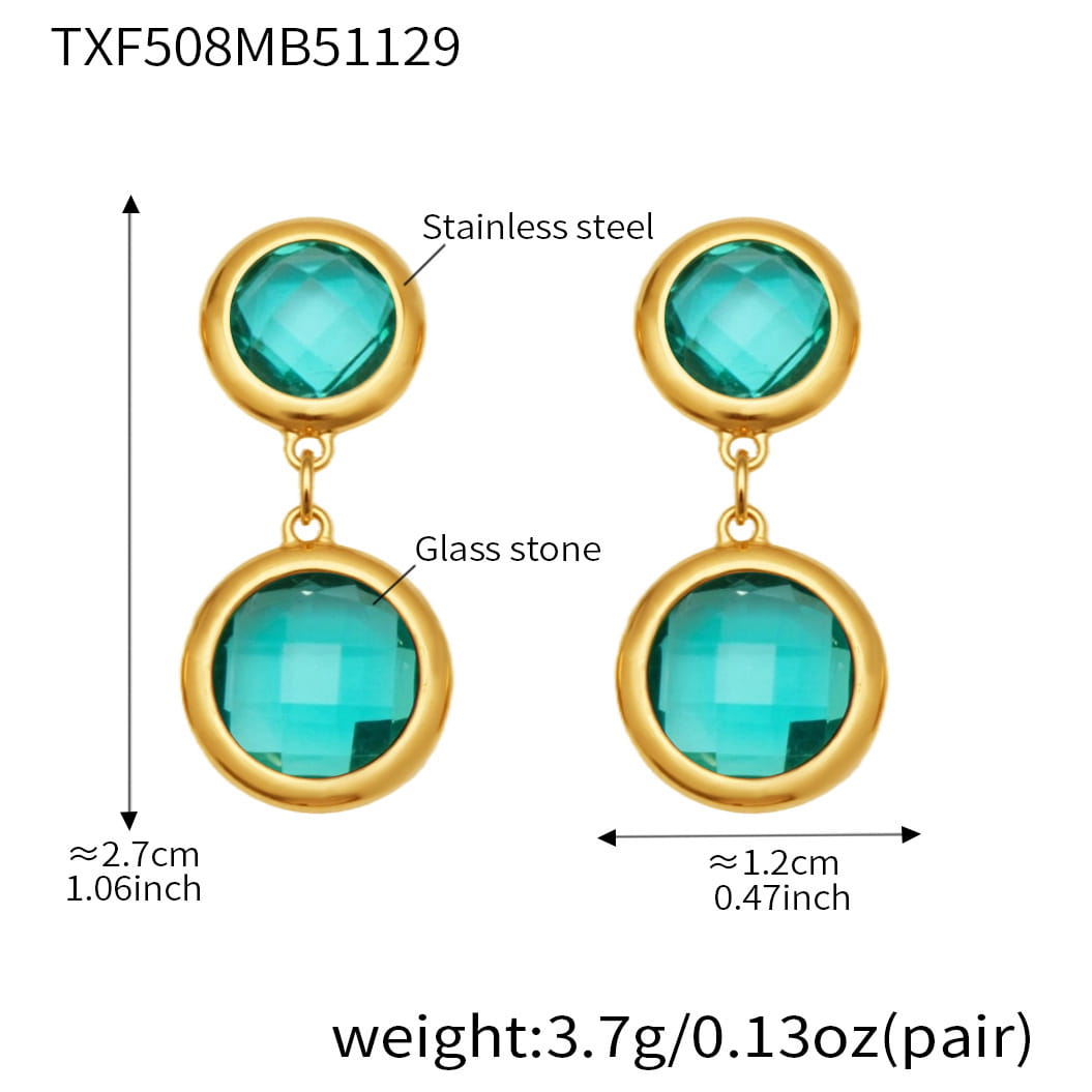 18K PVD Gold Stainless Steel Round Bezel CZ & Glass Stone Bracelet and Drop Earrings Set