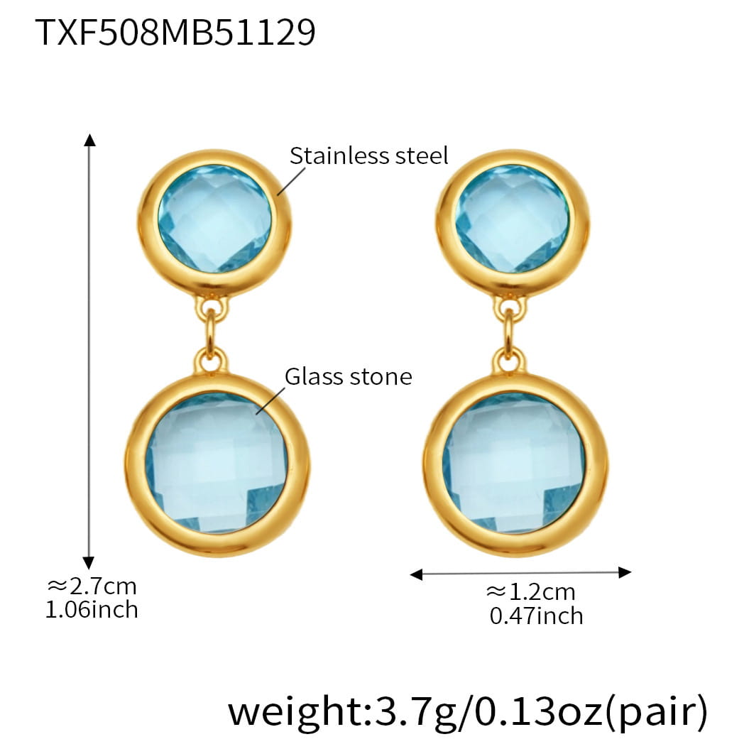 18K PVD Gold Stainless Steel Round Bezel CZ & Glass Stone Bracelet and Drop Earrings Set