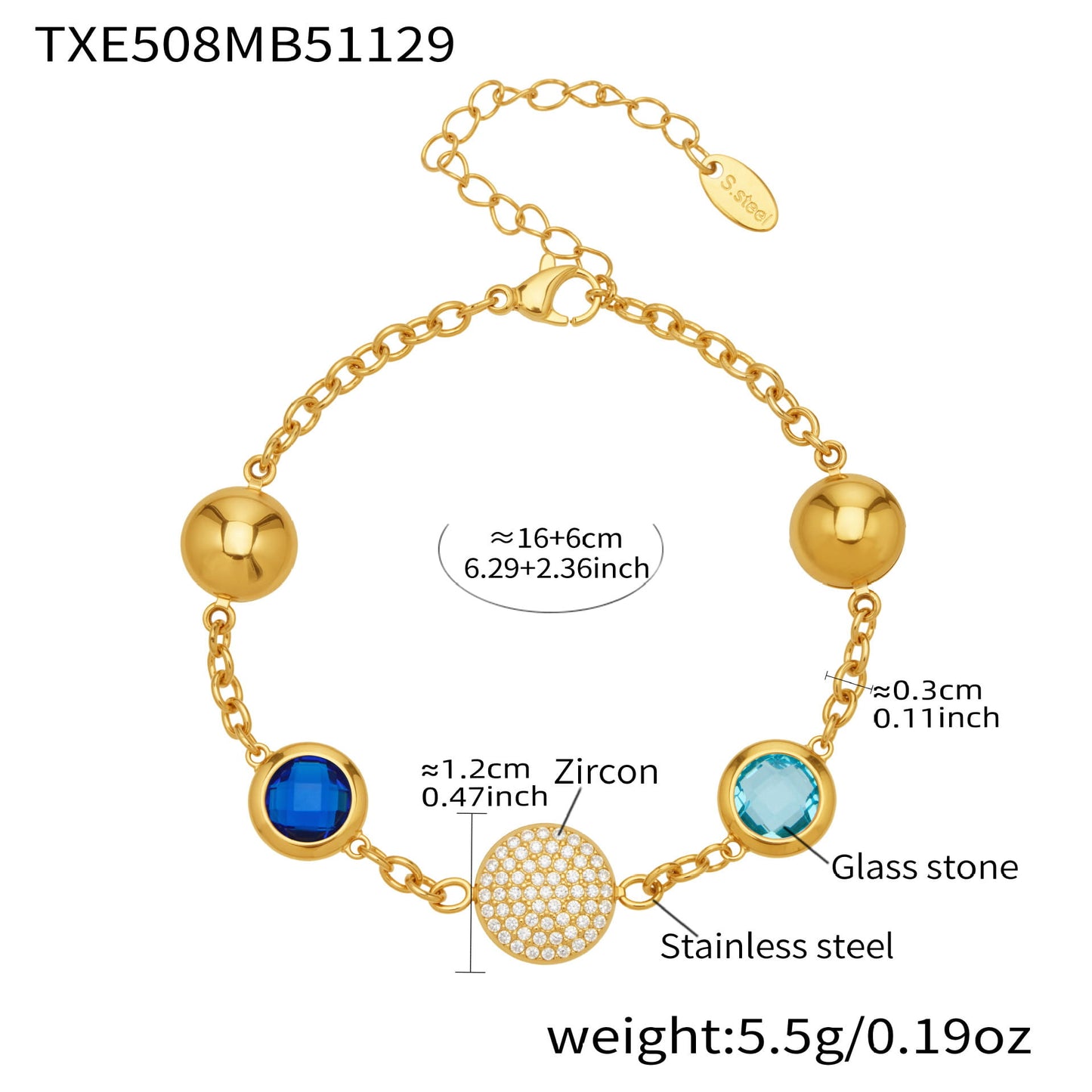 Gold stainless steel charm bracelet with blue glass stones and pavé zircon center