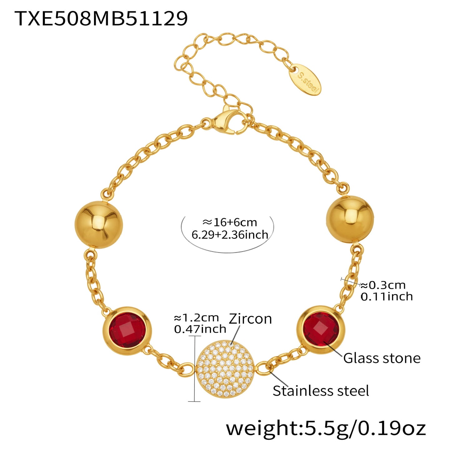 Gold stainless steel bracelet featuring red glass stones and pavé zircon detail