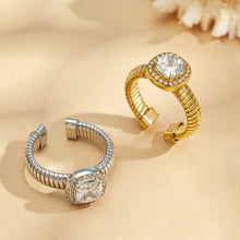 Gold and steel round zircon open ring pair with ribbed open band design for wholesale ring collections