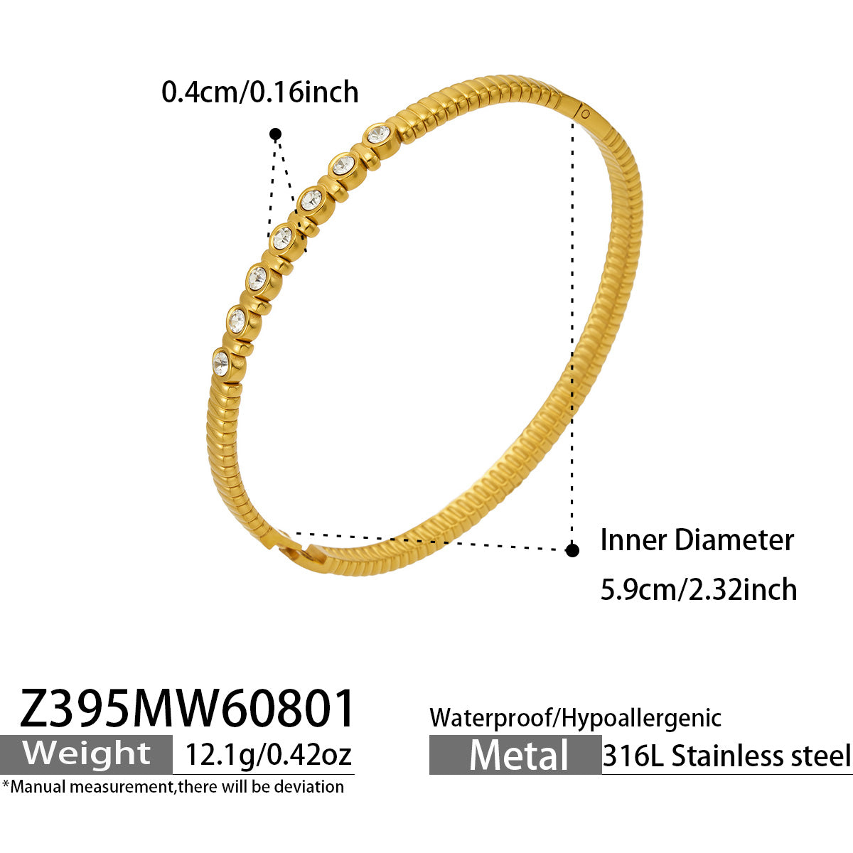 Gold striped zircon bangle dimensions, weight and product specification guide