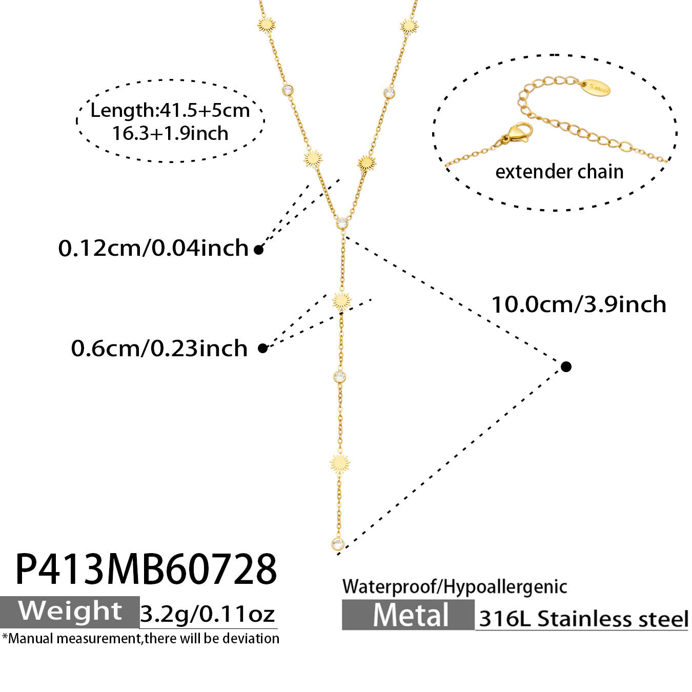 Gold sunflower zircon lariat necklace length, drop dimensions, extender chain and product specifications