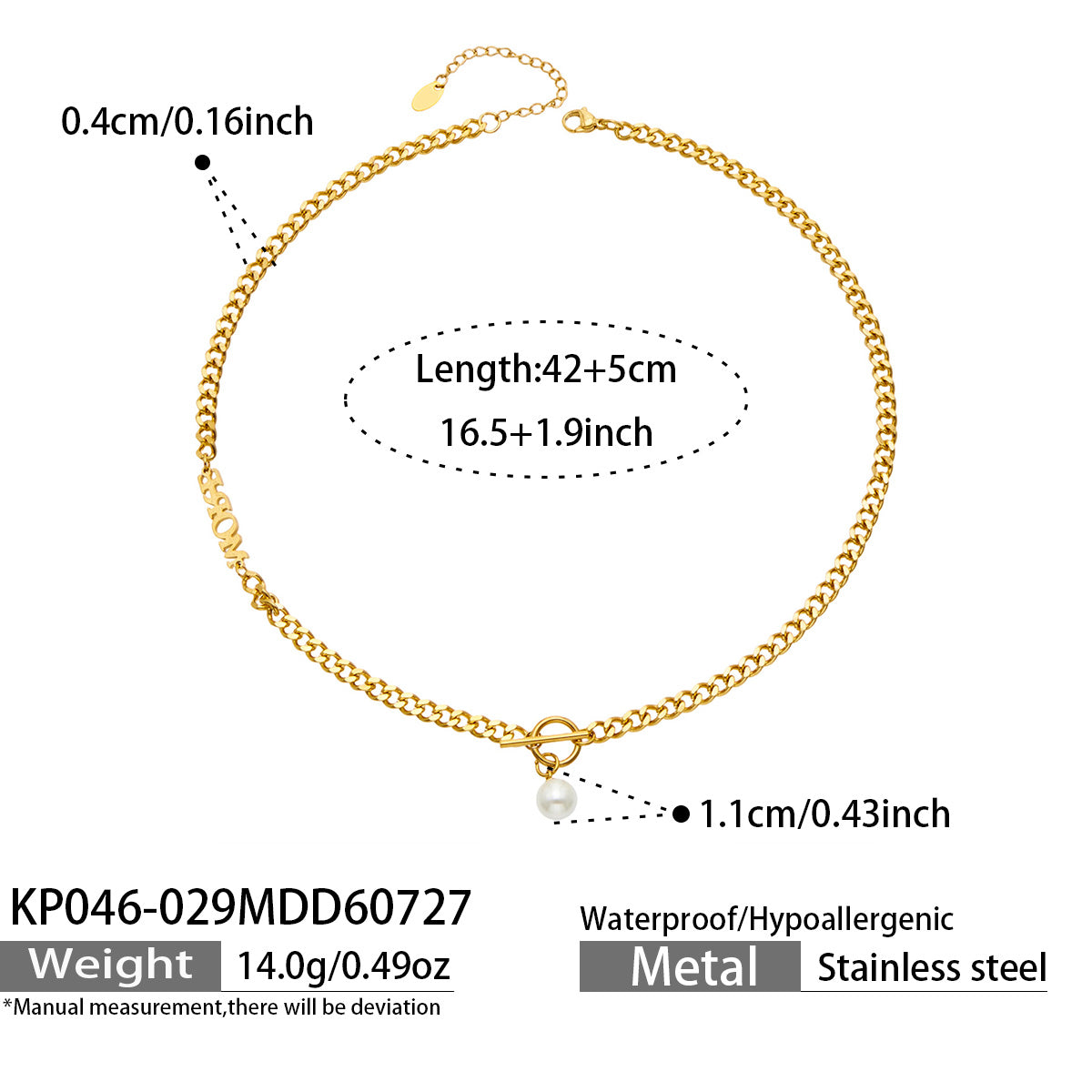 Gold toggle faux pearl necklace length, closure and product specification guide