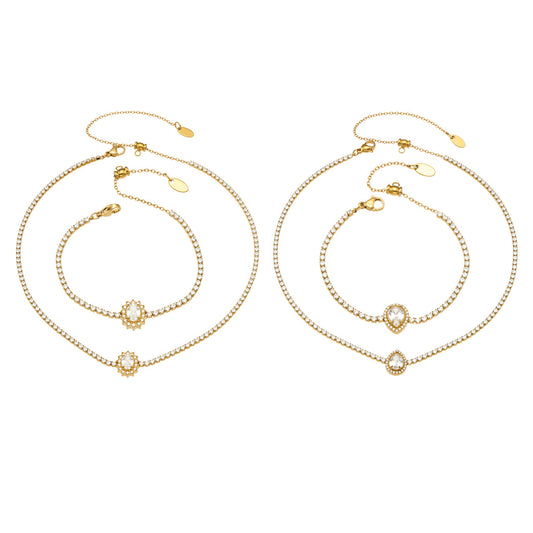 Gold waterdrop and oval zircon tennis necklace and bracelet set in stainless steel for boutique jewelry displays