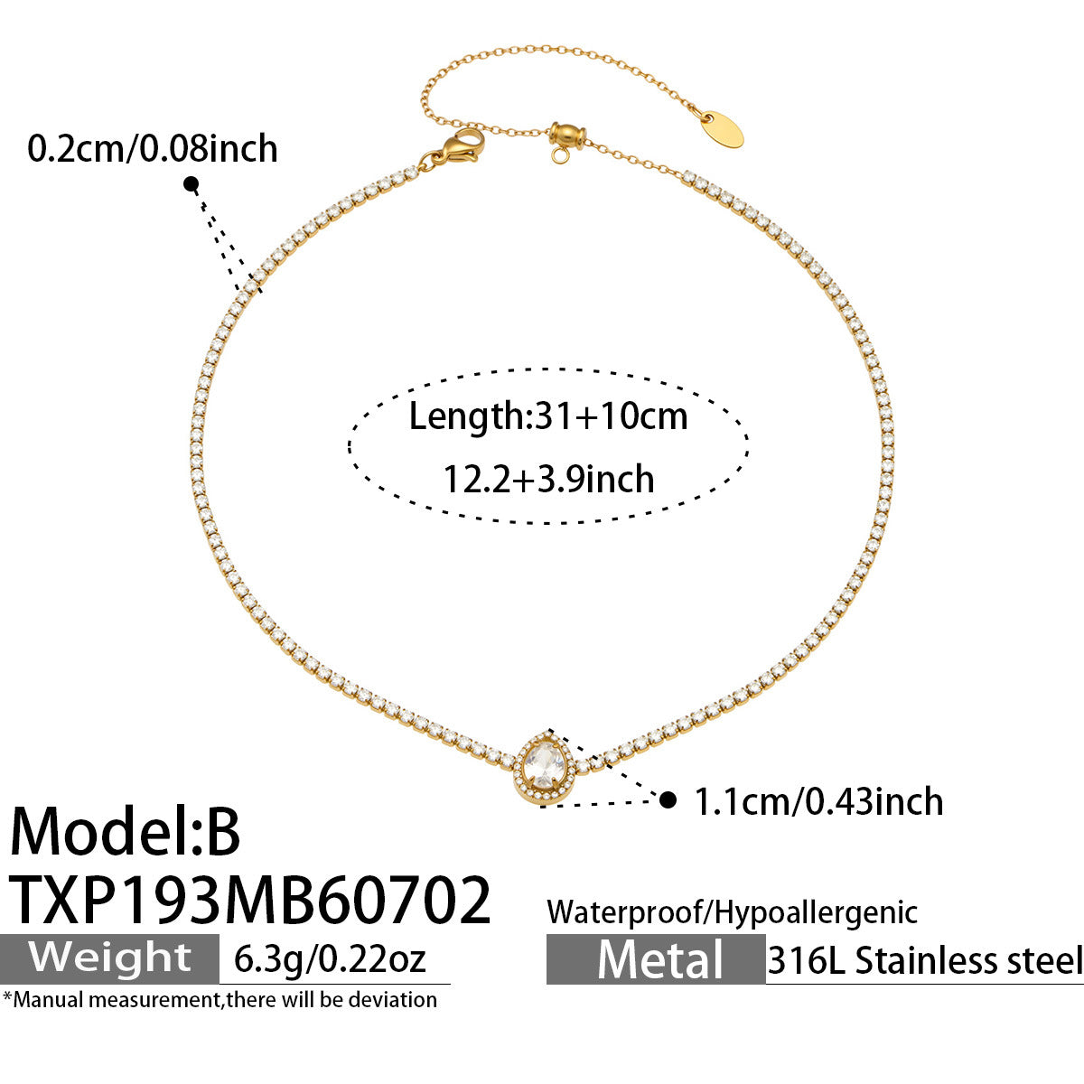 Gold waterdrop zircon tennis necklace with clear zircon tennis chain and 31+10cm adjustable length