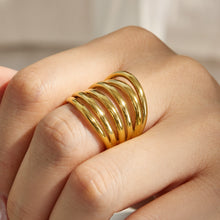 Close-up of a gold tone 316L stainless steel wide multi-band open ring worn on hand