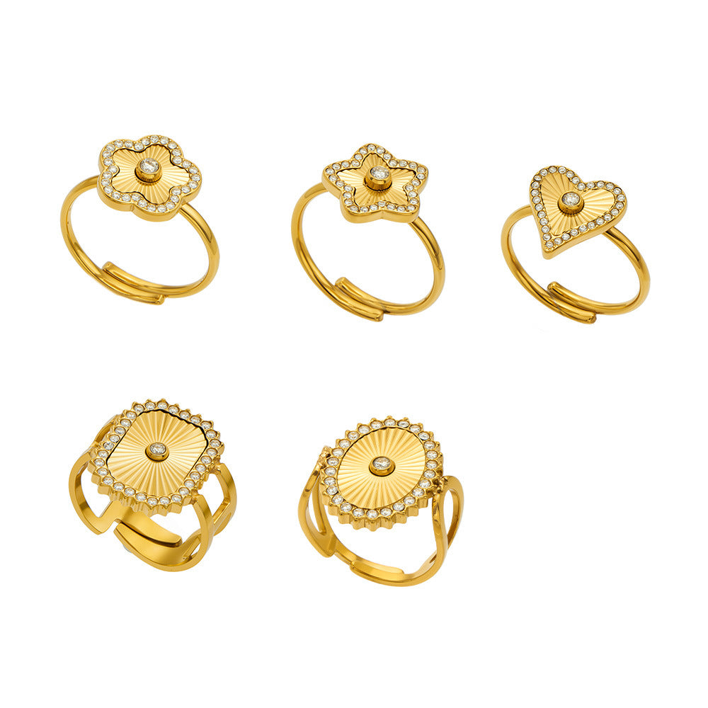 Gold zircon adjustable open ring collection in 316L stainless steel with heart, star, flower, oval and square designs for boutique wholesale buyers