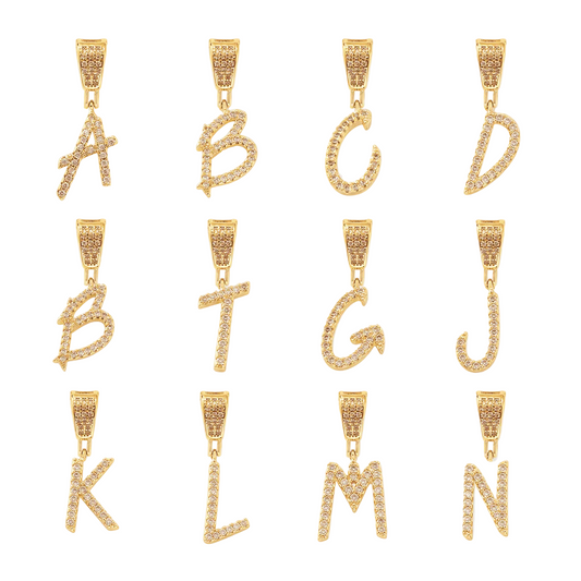 Gold zircon alphabet letter pendant charms wholesale collection with A B C D E F G J K L M N initials