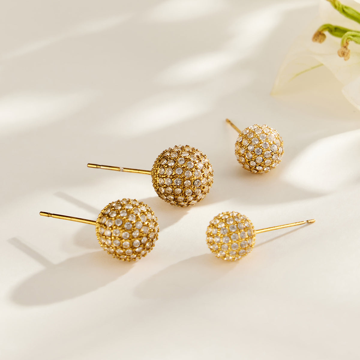 Gold zircon ball stud earrings with pavé stone surface in 8 mm and 10 mm sizes