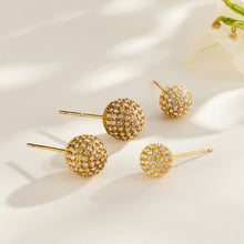 Gold zircon ball stud earrings with pavé stone surface in 8 mm and 10 mm sizes