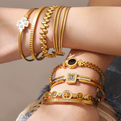 Double-arm stack of 18K gold zircon clasp bangle set, trendy daily accessory