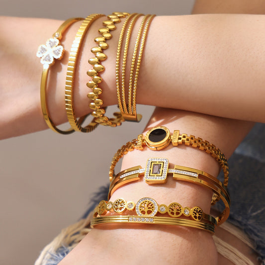 Double-arm stack of 18K gold zircon clasp bangle set, trendy daily accessory