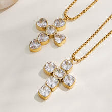 Gold zircon cross pendant necklaces in square and heart styles flat lay