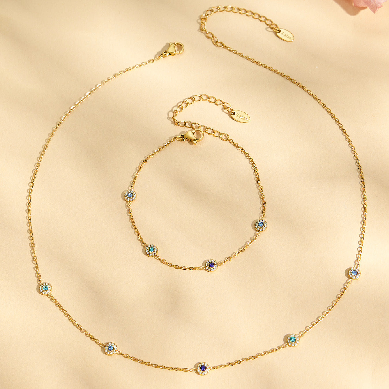316L Stainless Steel 18K Gold PVD Colorful Zircon Pendant Necklace Set | Waterproof Hypoallergenic Jewelry for Women