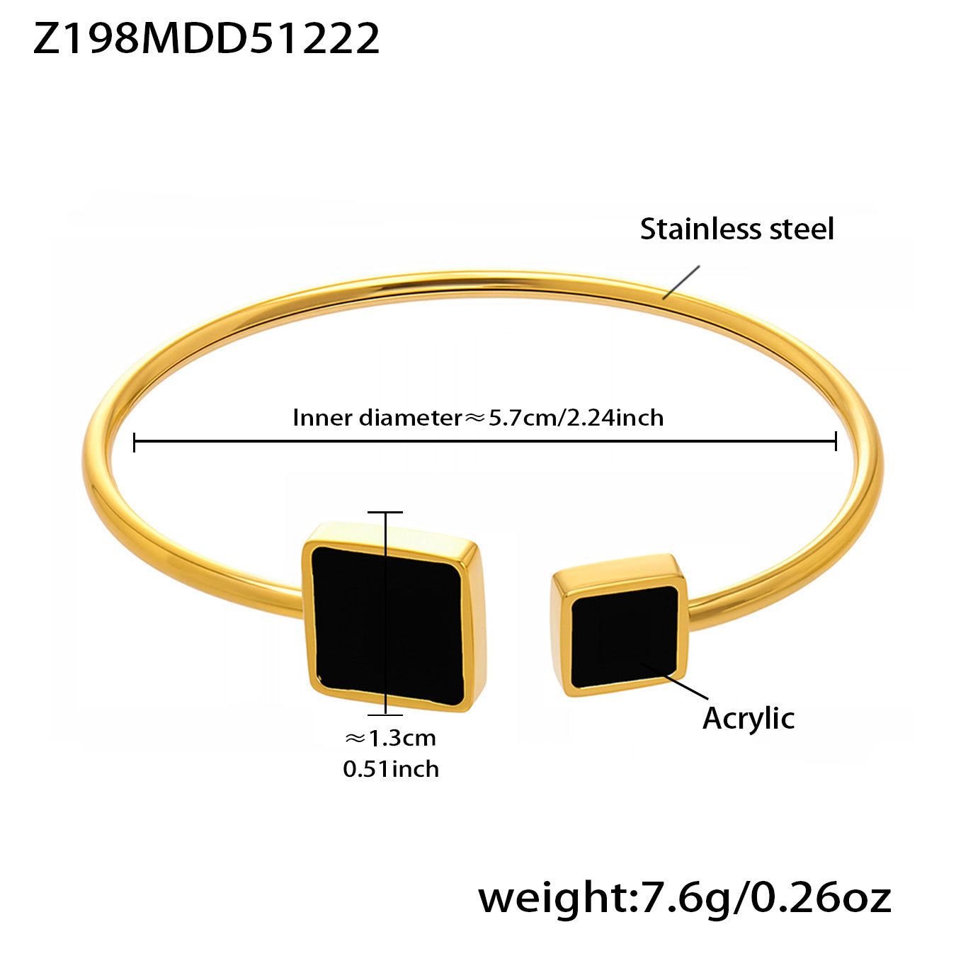 18k gold stainless steel black square bangle (Z198MDD51222), inner diameter 5.7cm, weight 7.6g